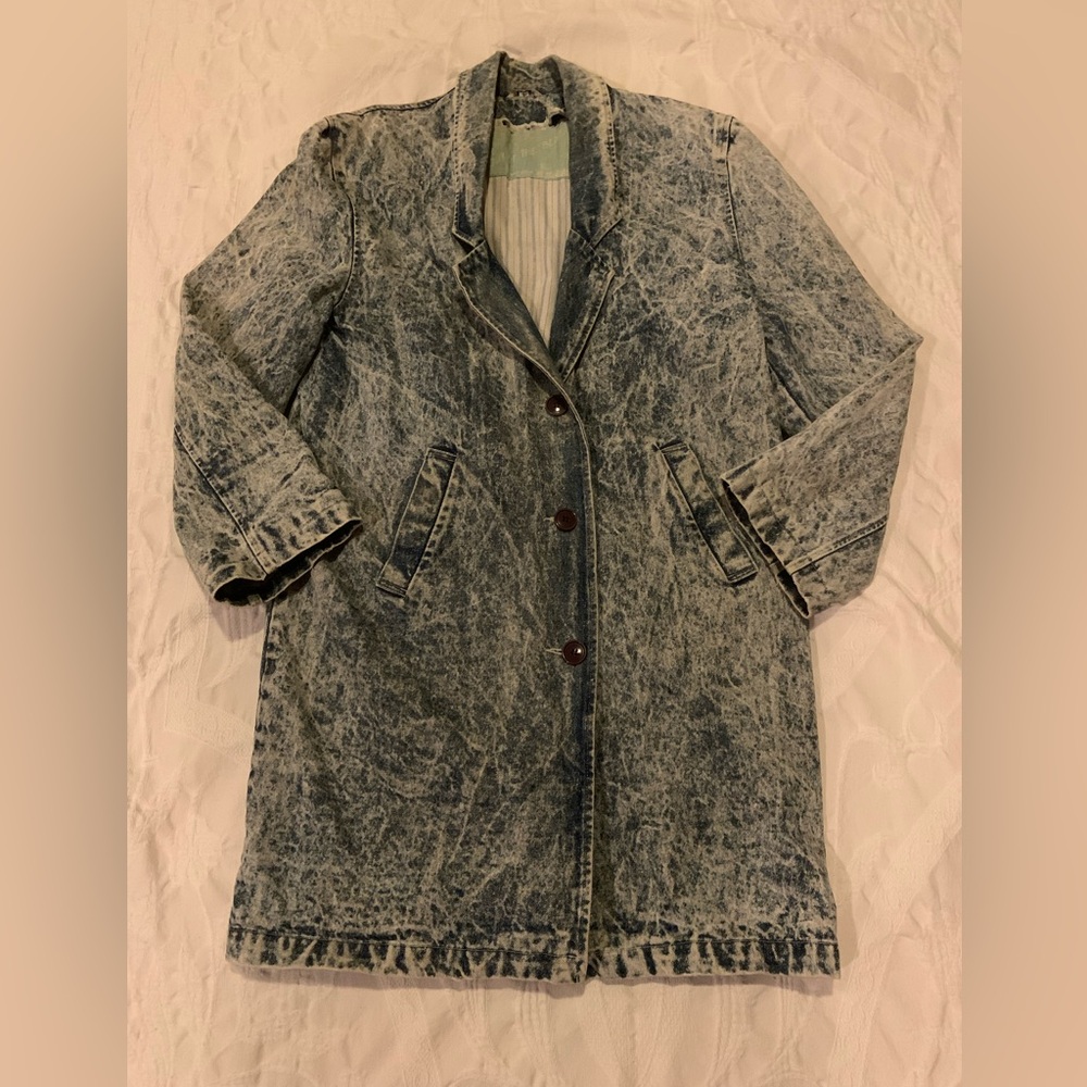 Vintage 80’s Out Of The Blue Acid Wash Long Denim Duster Coat Jacket Large - Picture 2 of 16